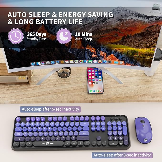 Wireless Keyboard and Mouse Combo, 2.4G USB Cordless Round Keyboard and Mouse for Laptop Computer TV (102 Keys Purple Black)