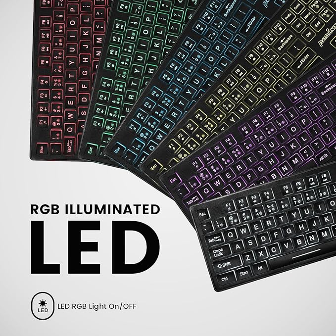 Perixx PERIBOARD-317RGB Wired Backlit USB Keyboard - Big Print Letter with RGB Illuminated LED - US English Layout