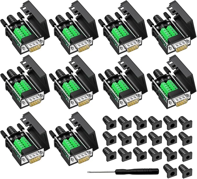 10 Pcs DB9 Male Breakout Connector, 9 pin RS232 connectors, Solderless D-SUB RS485 Serial Adapter Module Board with Screw Terminals, Case, Long Bolts