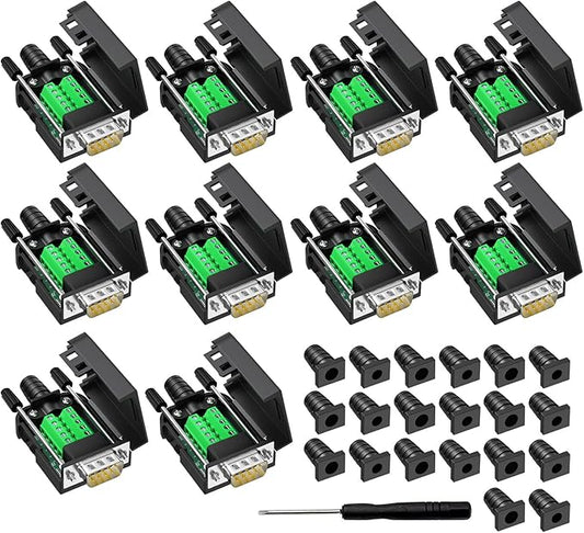10 Pcs DB9 Male Breakout Connector, 9 pin RS232 connectors, Solderless D-SUB RS485 Serial Adapter Module Board with Screw Terminals, Case, Long Bolts