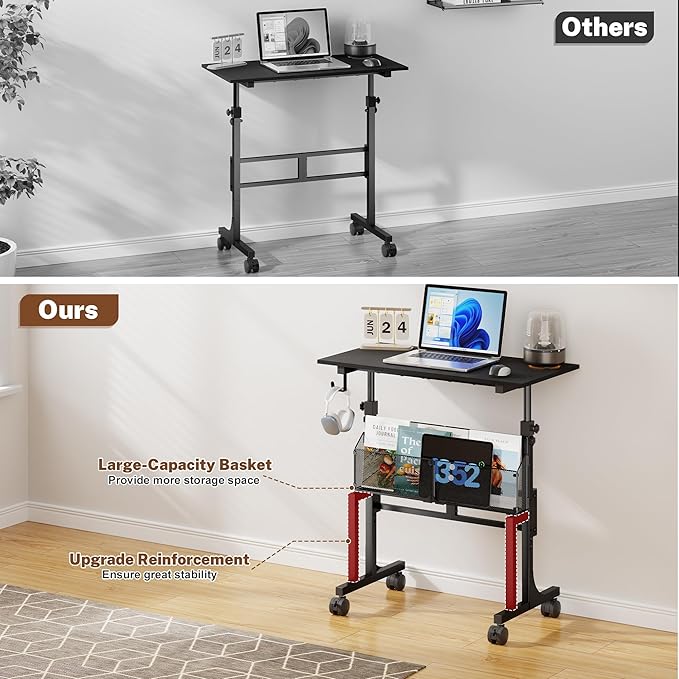 Height Adjustable Standing Desk With Storage, Small Stand Up Desk With wheels, Portable Rolling Desk for Home Office, Mobile Sit Stand Desk for Small Spaces, For Walking Pad Treadmill, Black