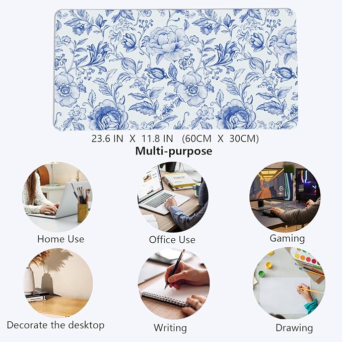 Blue Chinoiserie Mouse Pad,Blue and White Floral Desk Mat, Large Floral Preppy Trendy Mouse Pad,Girly Gaming Mousepad,Girly Laptop Desk Mat for Dorm Home Office Decor,23.6x11.8 Inch