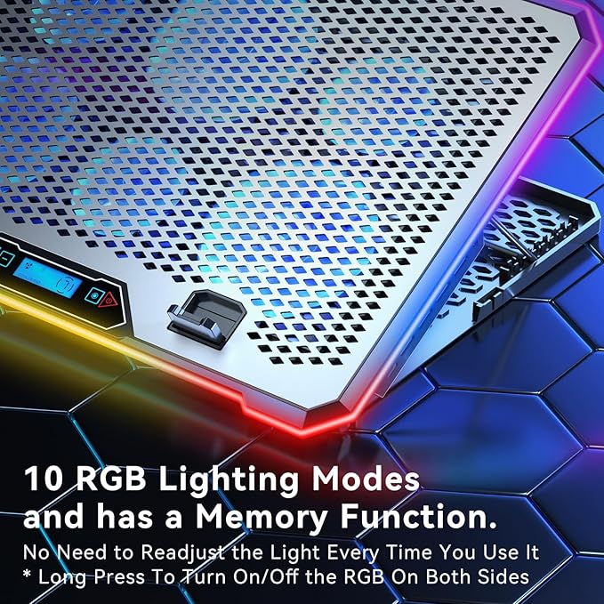 Aluminum Alloy RGB Gaming Laptop Cooler with 6 Fans and LCD Screen - 10 RGB Modes Memory Function, 4 USB Ports 3.0 and 2.0 Hub, 9 Height Adjustable for 10 to 21 Inch Laptops on Desk or Lap