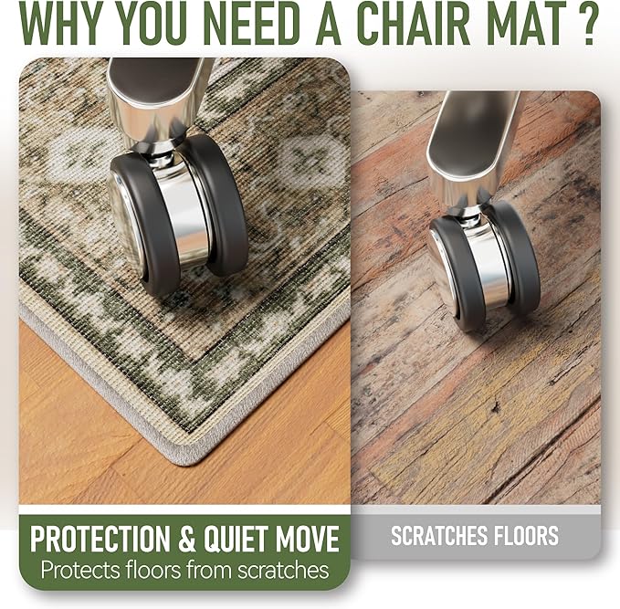 36"x48" Office Chair Mat for Hardwood, Under Desk Chair Mat for Home Office, Anti-Slip Office Rugs for Rolling Chairs, Floor Protector Washable Rugs Olive Green