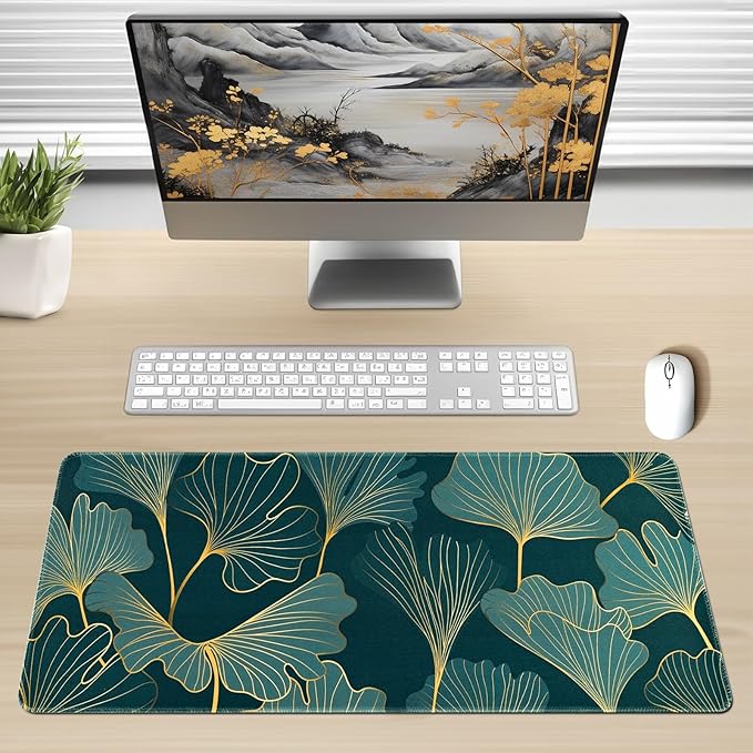 Spring Desk Mat,Large Gaming Mouse Pad for Desk,Non-Slip Rubber Base Desktop Protector Mat,Gold Line Leaves Mouse Pad for Keyboard, Laptop & Computer, 31.5 x 11.8 Inch