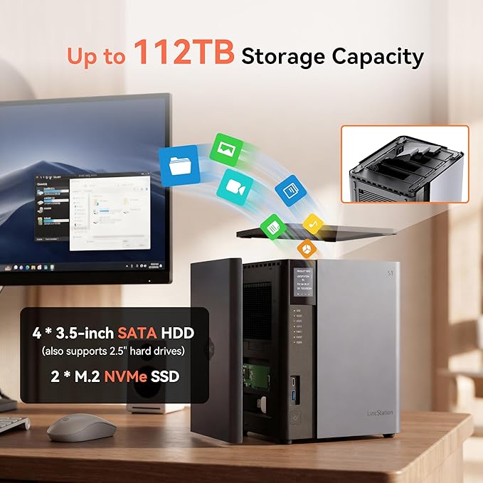 LincStation S1 6-Bay Desktop NAS - Intel N97 Quad-Core, 8GB DDR5 RAM (up to 16GB), 128GB eMMC, 4X SATA HDD + 2X M.2 NVMe SSD, Dual 2.5GbE, Unraid License Included, Network Attached Storage(Diskless)