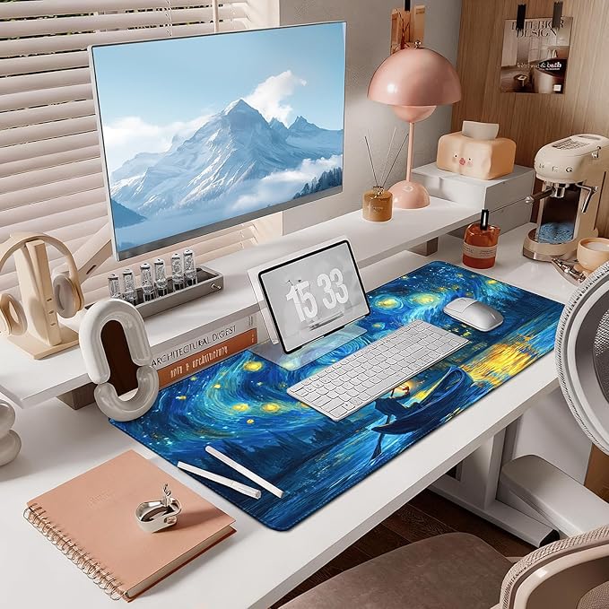 Mouse Pad Gaming - Desk Mat for Keyboard and Mouse - Van Gogh Starry Night Large Mouse Pads for Desk, Desks Pad Mat(35.4" X 15.7") with Non-Slip Base, Gaming Mousepad for Game, Office and Home