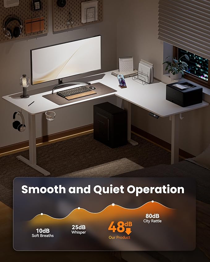 63 Inches Reversible L Shaped Standing Desk for Home Office, Electric Height Adjustable Corner Computer Desk, Sit Stand up Table with Cup Holder, Ergonomic Gaming Desk, White