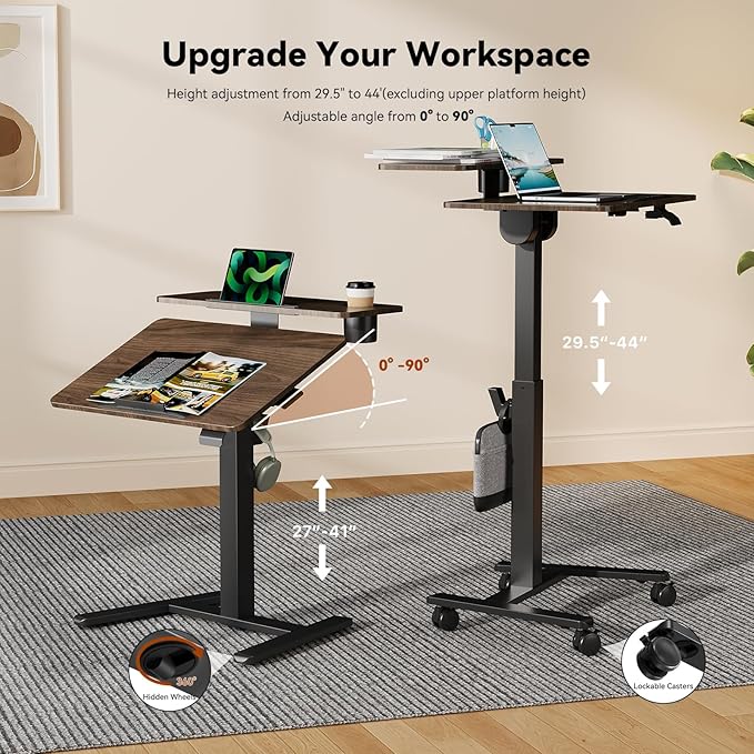 28 inch Mobile Standing Desk On Wheels， Small Computer Workstation Adjustable Height，Rolling Laptop Stand with Tiltable Desktop， 2-Tier Portable Study Table with Storage Shelf， Walnut