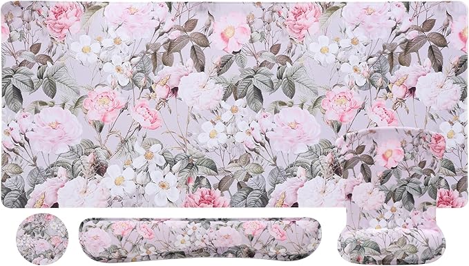 MEGREZ 4-in-1 Ergonomic Memory Foam Wrist Rest Set, Desk Pad, Mouse Pad with Wrist Rest, Keyboard Pad, Suitable for Office Workers, Programmers & Gamers–Relieve Typing & Gaming Fatigue, Pink Flowers