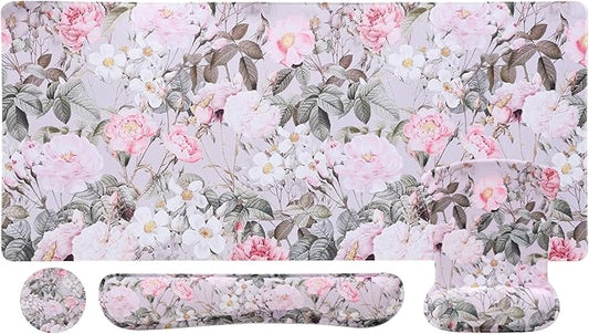MEGREZ 4-in-1 Ergonomic Memory Foam Wrist Rest Set, Desk Pad, Mouse Pad with Wrist Rest, Keyboard Pad, Suitable for Office Workers, Programmers & Gamers–Relieve Typing & Gaming Fatigue, Pink Flowers