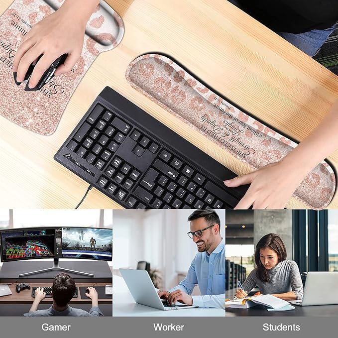 Keyboard Wrist Rest Pad and Ergonomic Mouse Pad Wrist Support Set Proverbs 31:25 Bible Verse Leopard Star Pattern for Gaming, Office, Comfortable and Pain Relief with Coaster Set
