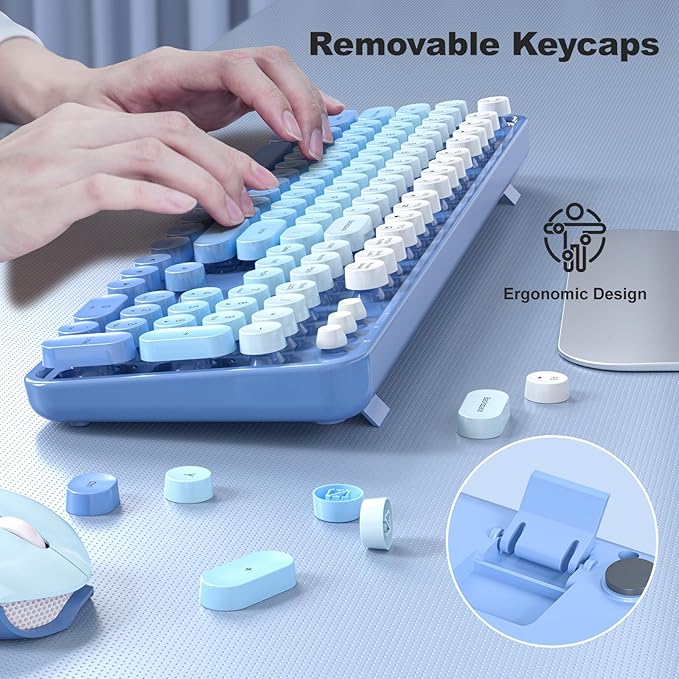 Wireless Keyboards and Mouse Combos, SQMD Colorful Typewriter Keyboard with Round Keycaps, 2.4GHz USB Retro Wireless Keyboard Mouse for PC, Desktop, Laptop and Computer-Blue Gradient