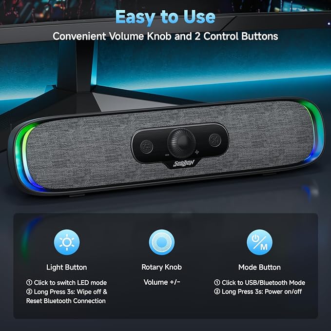 SOULION Computer Speakers, USB C/USB Powered PC Speaker with Colorful LED Lights, Plug-N-Play Wired Bluetooth Sound bar with Rotary Control for Desktop Laptop Monitor Office Work Music Black