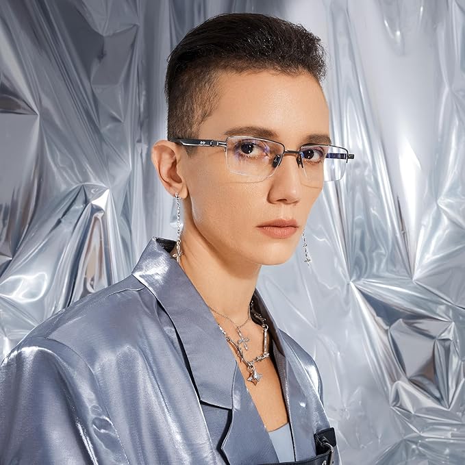Cyxus 100% Really Buffalo Horn Glasses Pure Titanium for Men Rimless Square Glasses 8135 Space Silver