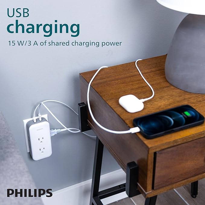 Philips All-in-One Surge Tap with USB, 2 Grounded & 4 Polarized Outlets, 1 USB-C & 1 USB-A Port (15W Shared), 490 Joules, ETL Certified, White/Gray, SPP3503GW/37