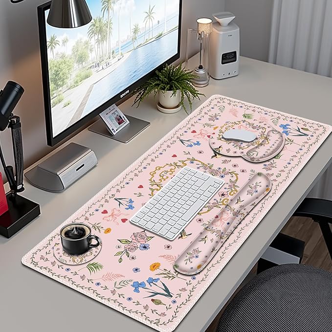 Romantic Pink Floral Mouse Pad, XXL Large Desk Mat Extended Reading Desk pad, 4PCS Non-Slip Rubber Base Computer Big Mousepads for Work, Game, Office, Home Decor Gifts Accessories I Cute Collection