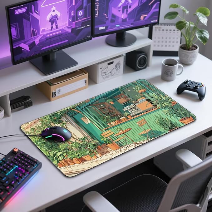 Japanese Coffee Shop Large Gaming Mouse Pad 31.5"x15.7"｜ Green Plant XXL Desk Mat, Non-Slip Rubber Base & Stitched Edges - Extended Waterproof Mousepad for PC/Laptop/Office/Home Decor