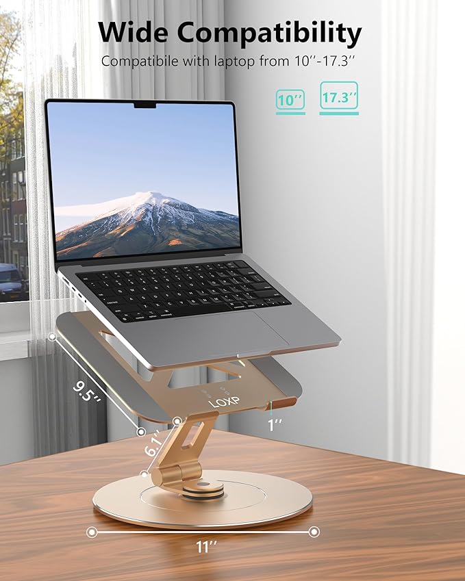 Ultra-Stable Aluminumy Laptop Stand for Desk with Foldable Phone Holder, 300% Large Base Stability, Anti-Loosening, Printer Stand Suitable for 10"-17.3" Laptops, Champagne Golden