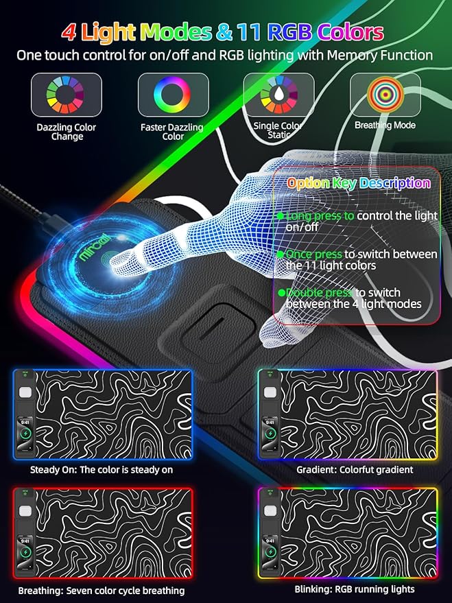 Mouse Pad with Foldable Phone Holder & Wireless Charger, XXL RGB Gaming Mousepad 31.5"x15.8" Large Desk Mat for Keyboard, 11 Colors 5 Modes