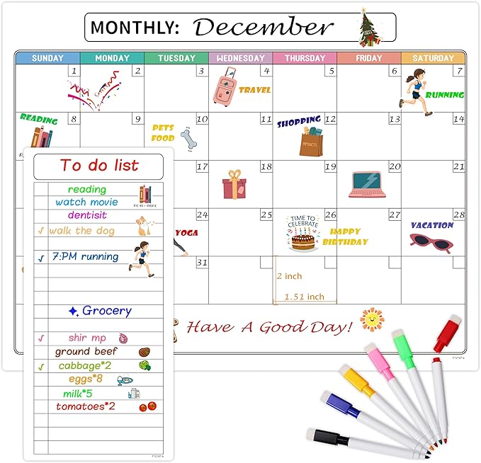 Magnetic Dry Erase Refrigerator Calendar with Markers - 15" x 11" Monthly Fridge Calendar and Today List, Fridge Whiteboard with Back Magnet