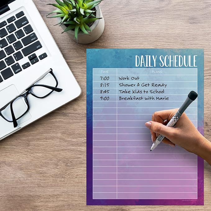 Dry Erase Daily Schedule Planner Sticker Decal by Glassboard Studio | Removable & Reusable | Magnetic Fine-Tip Marker Included (9 x 12 inches, Watercolor)
