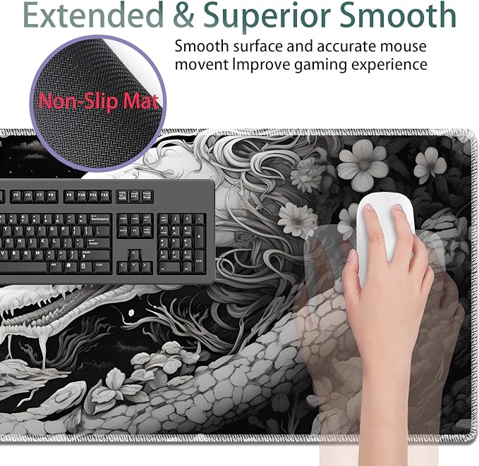 Large Gaming Mouse Pad + Keyboard Wrist Rest + Wrist Support + Coaster Set, Memory Foam Ergonomic for Easy Typing, XXL Extended Gaming Mouse Pad Table Pad - Black Snake