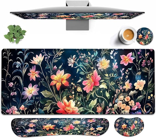 Large Mouse pad and Keyboard Support Set, Ergonomic Memory Foam Keyboard Wrist Rest, Extended Gaming Mouse Pad with Stitched Edges, Folral Plants XXL Desk Mat (31.5 X 11.8 in)
