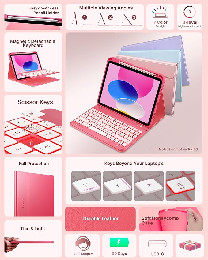 typecase Folio Keyboard Case for iPad 10th Gen 10.9 inch (2022) and iPad 11th (A16, 2025), Magnetic Wireless Detachable Keyboard, 7-Color Backlight, Thin & Light, Pencil Holder – Pink