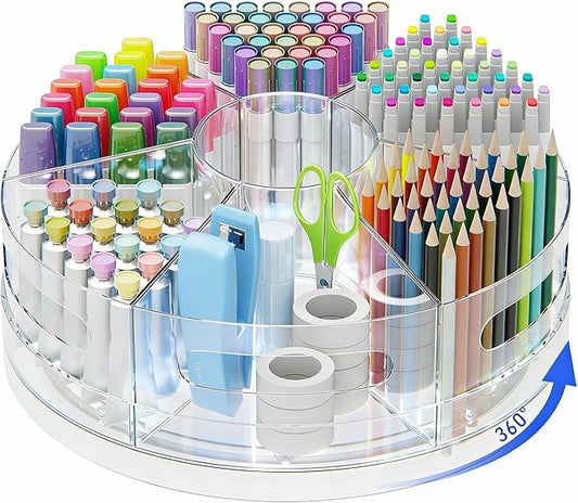 Rotating Desk Organizer, 360° Acrylic Pen Organizer for Desk with 7 Removable Compartments, Extra-Large Pen Holder for Office Supplies, Markers, and Art Supplies, Clear Pencil Holder