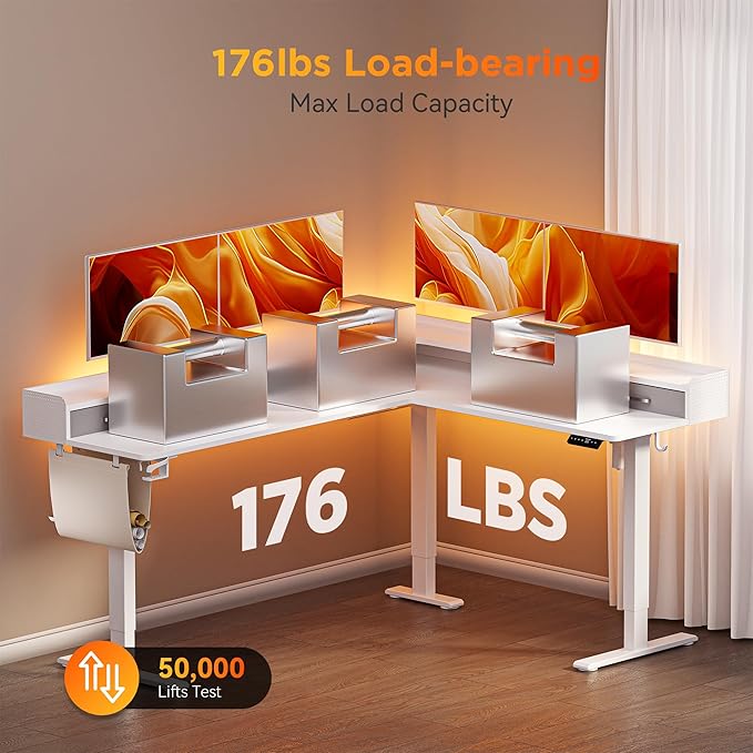 75 Inches Height Adjustable L Shaped Standing Desk with 5 Drawers and Monitor Shelf, Electric Sit to Stand Home Office Comupter Table, Ergonomic Corner Gaming Desk, White