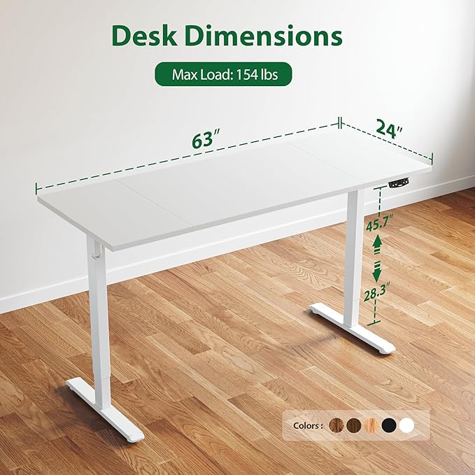 Agilestic Electric Standing Desk, 63 x 24 Inches Height Adjustable Desk, Sit Stand up Desk for Work Office Home, Splice Board, White