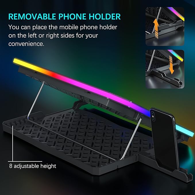 TopMate C12 Laptop Cooling Pad RGB Gaming Notebook Cooler for Desk and Lap Use, Laptop Fan Stand 8 Adjustable Heights with 6 Quiet Fans and Phone Holder, for 15.6-17.3 Inch Laptops-Ice Blue LED Light