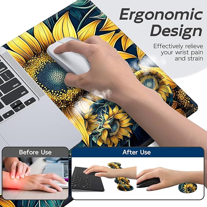 Gaming Mouse Pad Set, Sunflowers Pattern Large Desk Mat Mousepad, Keyboard Wrist Support, Mouse Wrist Rest, Coaster 4in1 Ergonomic Memory Foam, Non-Slip Stitched Edge for Home Office
