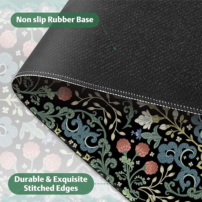 Desk Mat for Keyboard and Mouse, Large Non-Slip Mouse Pad Keyboard Pad, Computer Mats for Desktop, Desk Pad with Stitched Edges for Office, Gaming I Gothic Floral Morris Style