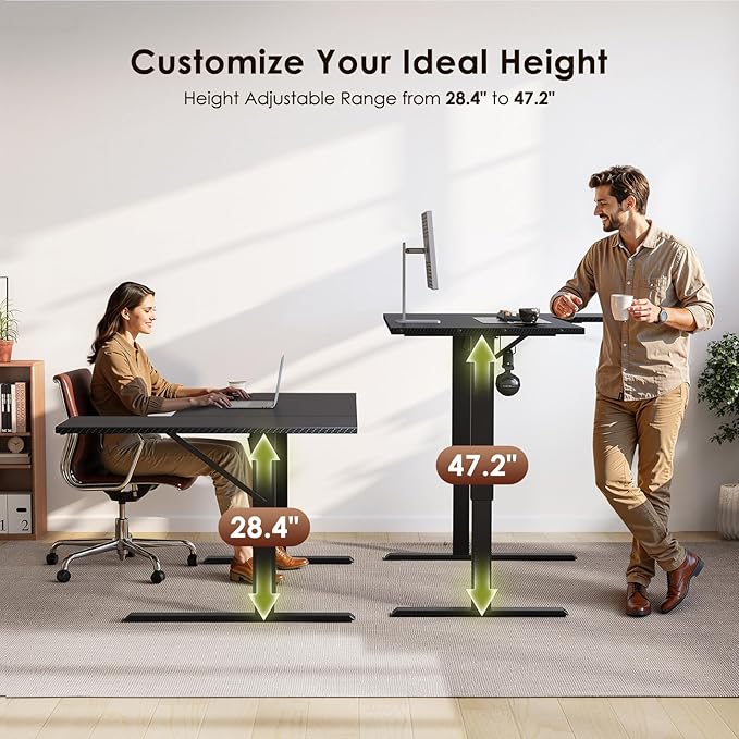 OffiGo Electric L Shaped Standing Desk, 55 Inches Height Adjustable Table, Reversiable Corner Stand Up Desk, Lifting Computer Table for Home Office, Computer Workstation, Carbon Fiber Black