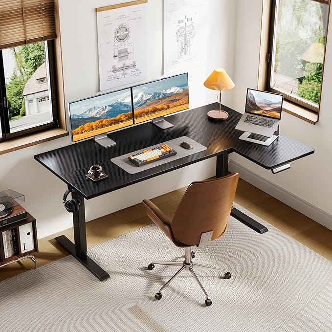 OffiGo Electric L Shaped Standing Desk, 55 Inches Height Adjustable Table, Reversiable Corner Stand Up Desk, Lifting Computer Table for Home Office, Computer Workstation, Carbon Fiber Black