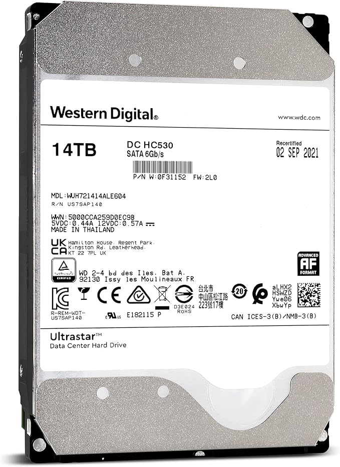 Western Digital 14TB Ultrastar DC HC530 SATA HDD - 7200 RPM, SATA 6 Gb/s, 512MB Cache, 3.5" - WUH721414ALE604 (Renewed)