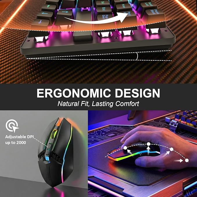 Wireless Gaming Keyboard and Mouse Combo, LED Backlit Rechargeable Battery, Ultra Compact Mechanical Feel Keyboard, RGB Mice for PC Gamer, Business Office, Durable Ergonomic, Wide Compatibility, Black