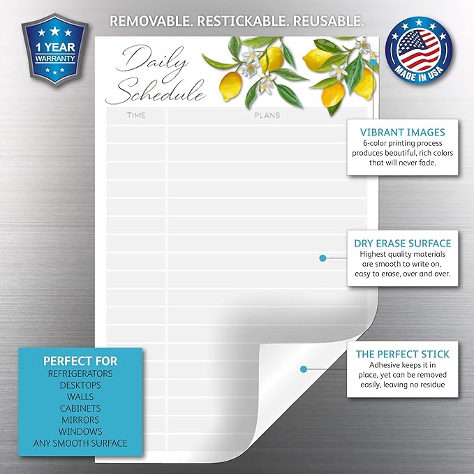 Dry Erase Daily Schedule Planner Sticker Decal by Glassboard Studio | Removable & Reusable | Magnetic Fine-Tip Marker Included (6 x 9 inches, Lemon Fresh)