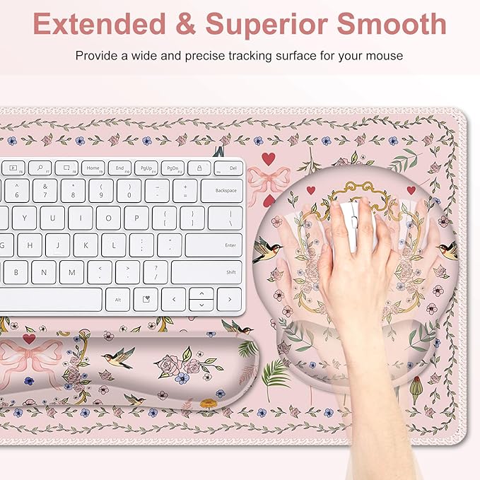 Romantic Pink Floral Mouse Pad, XXL Large Desk Mat Extended Reading Desk pad, 4PCS Non-Slip Rubber Base Computer Big Mousepads for Work, Game, Office, Home Decor Gifts Accessories I Cute Collection