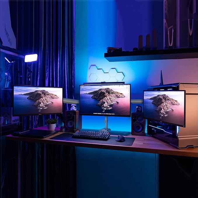Mount-It! Triple Monitor Mount with Gas Spring Arms, Fits 24–32 Inch Screens, USB & Audio Ports, Full Motion Desk Stand with Tilt, Swivel & Rotation, Heavy Duty Silver 3 Screen Arm with Clamp