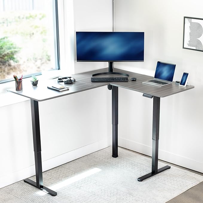 VIVO Corner Standing Desk, 63 x 55 inch Reversible L-Shaped Workstation, Electric Height Adjustment, Home, Office, and Reception Rooms, Dark Gray Table Top Black Frame, DESK-E3CTG