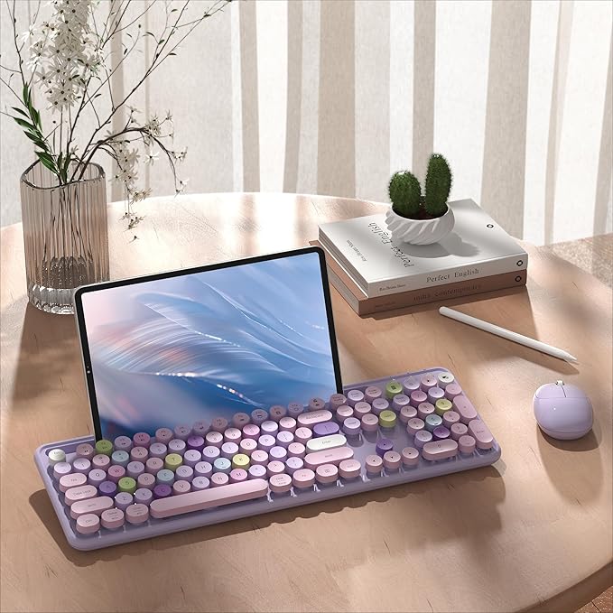 Colorful Wireless Computer Keyboard and Mouse Combo with Phone Holder, Wrist Rest, Typewriter Keys, 2.4GHz Wireless, Full-Sized Optical Mouse for PC and Laptop (Purple)