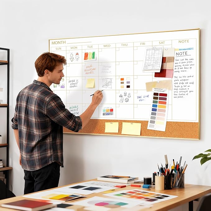 ARCOBIS Large Dry Erase Calendar with Cork for Wall, 48"x 30" Magnetic Calendar Whiteboard with Gold Frame, Monthly Combination Board for School, Home, Office