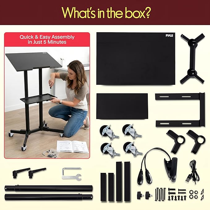 Pyle Lectern Podium Stand | Adjustable Height Top Shelf, Bottom Shelf w/Smooth Rubber Wheels & Metal Brakes | Mobile Standing Desk w/LED Light for Classrooms & Presentations | Portable Rolling Table