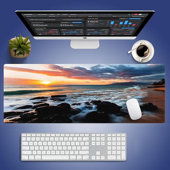 Wknoon. Extra Large Gaming & Office Mouse Pad (31.5" x 11.8") – Spectacular Scenery Sunset Maui Hawaii Beach Scenic with Rocks Gentle Sea Waves, Anti-Slip XXL Desk Mat with Durable Stitched Edges