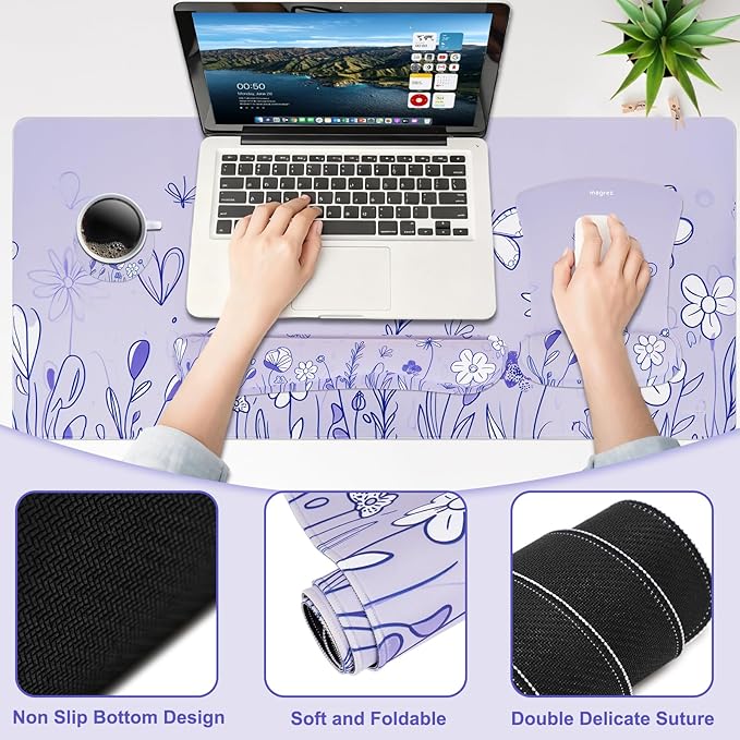 MEGREZ 4-in-1 Ergonomic Memory Foam Wrist Rest Set, Desk Pad, Mouse Pad with Wrist Rest, Keyboard Pad, Suitable for Office Workers, Programmers & Gamers–Relieve Typing & Gaming Fatigue,Light Purple