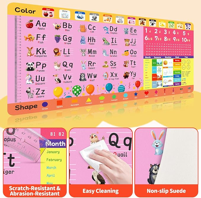 Kid's Desk Mat Cute Early Education Leather Desk Mat, Kawaii Pink Toddler Letter Digital Waterproof Desk Writing Pad, Large Keyboard and Mouse Mat for Classrooml/Kindergarten(35.4" X 15.7")