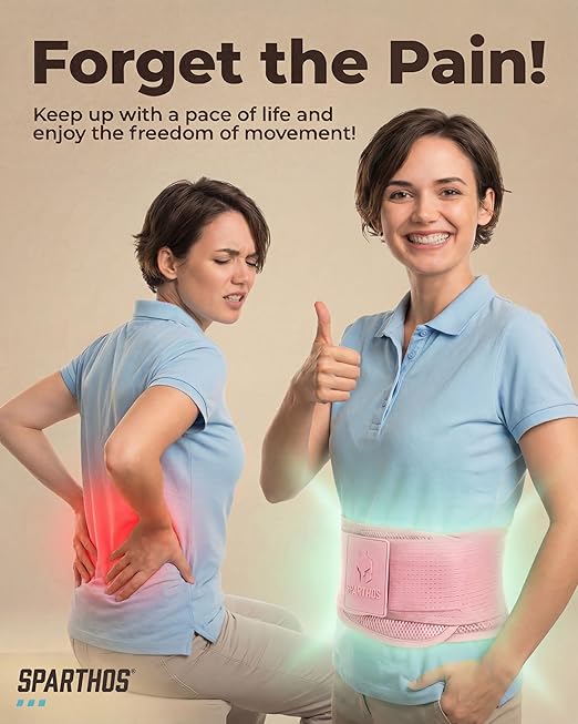 Sparthos Back Brace for Lower Back Pain - Immediate Relief from Sciatica, Herniated Disc - Lumbar Support Pad - For Home & Lifting At Work - For Men & Women - Fits 44–52″ Waist (Pink-L, Check Sizing)